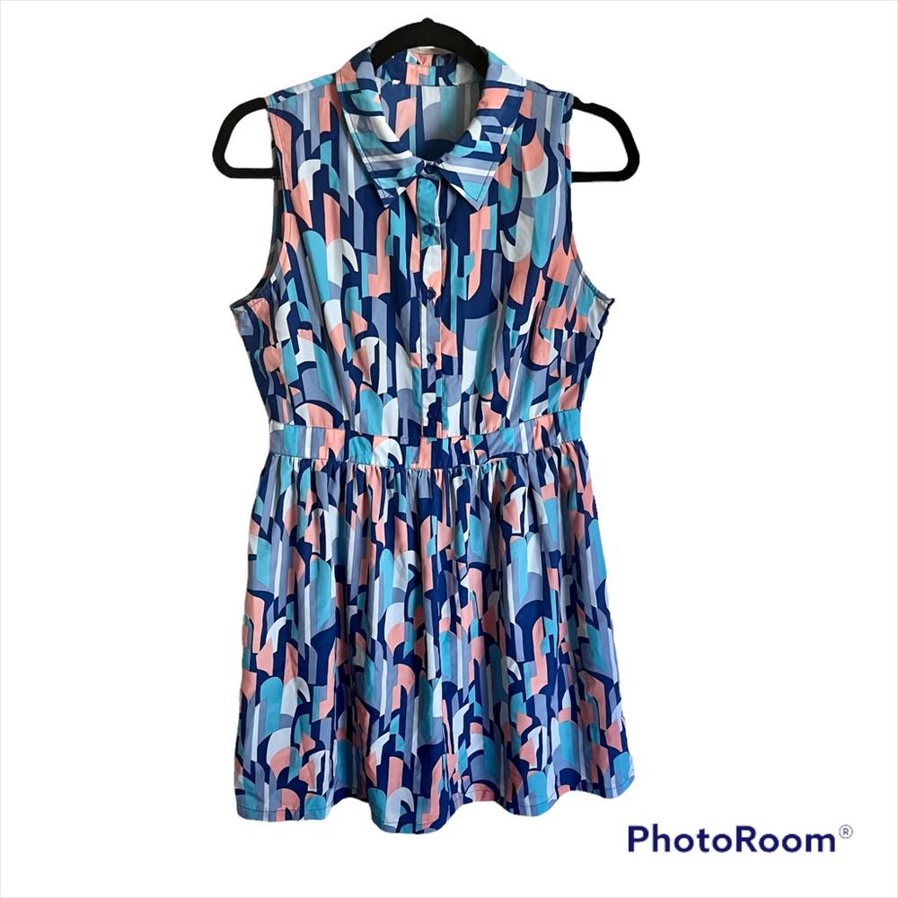 Forever 21 pink & blue geometric print dress, small